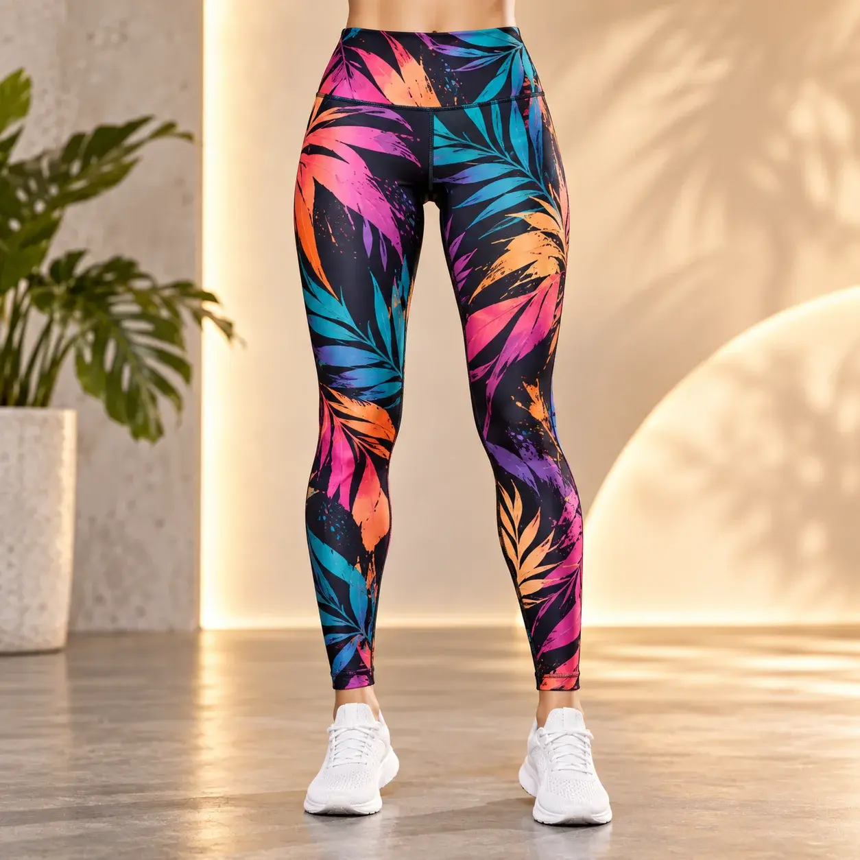 Colorful printed performance leggings featuring vibrant tropical leaf patterns in pink, blue, orange, and purple, displayed in a modern studio setting.
